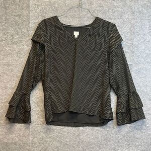 A NEW DAY Blouse Women's Large Black Gold Geometric V Neck Long Ruffle Sleeves